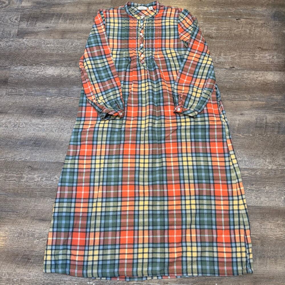 L.L. Bean Plaid Flannel Nightgown Medium Long Sleeve Maxi Dress Orange Blue